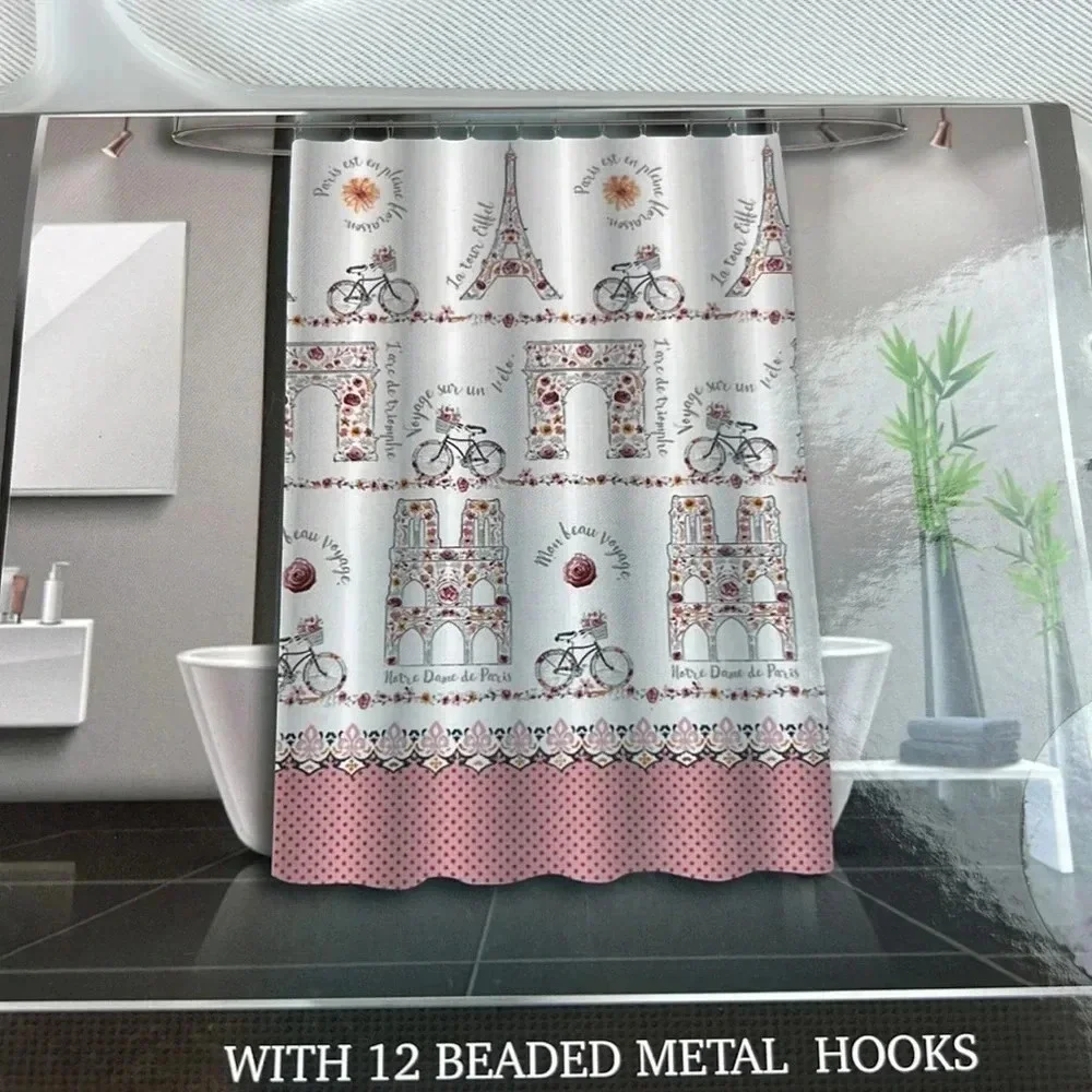 Luxury Home Paris‎ Print Shower Curtain With 12 Beaded Metal Hooks Brand New
